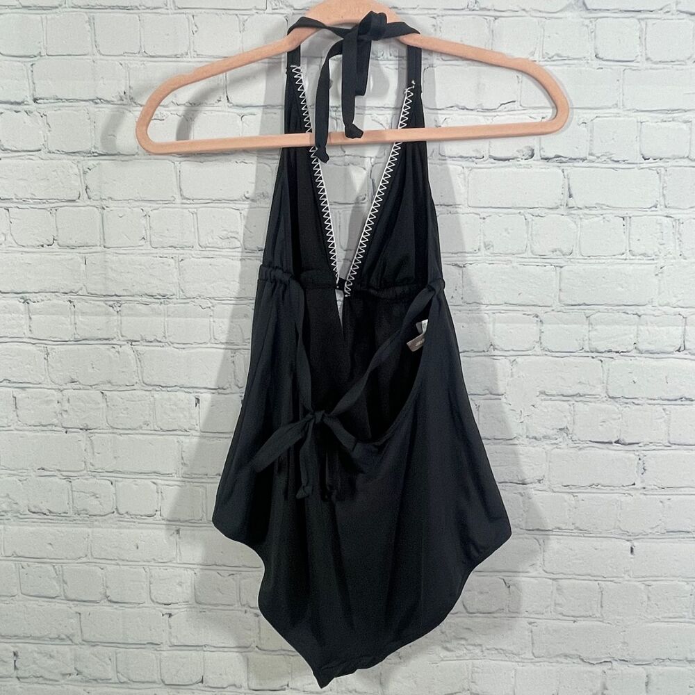 Sunseeker One Piece Swimingsuit Women Black V Neck Halter Embroidered Preppy - Picture 3 of 16